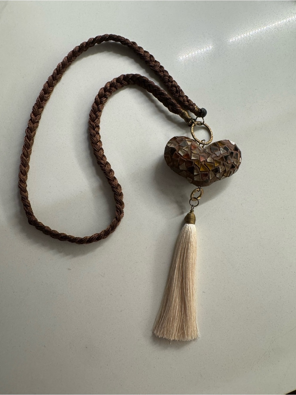 Handcrafted Brown Heart Pendant Necklace or Bag Charm with Cream Tassel